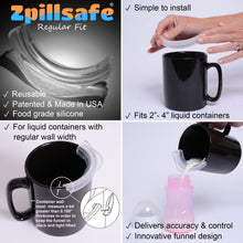 Load image into Gallery viewer, zpillsafe regular fit kitchen funnel easily installs onto 2" to 4" diameter liquid containers
